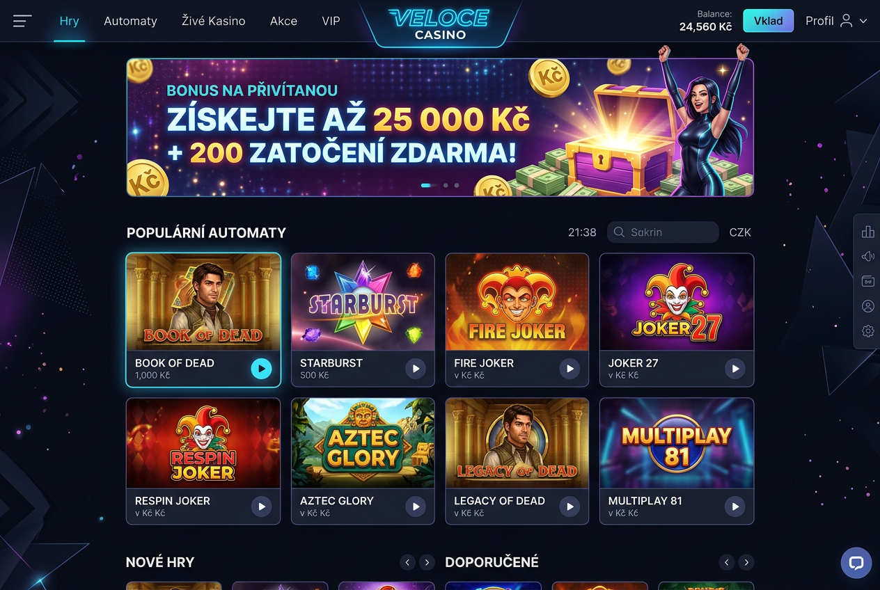 Moderní futuristické rozhraní online kasina s přehledem automatů a bonusovými nabídkami v českých korunách
