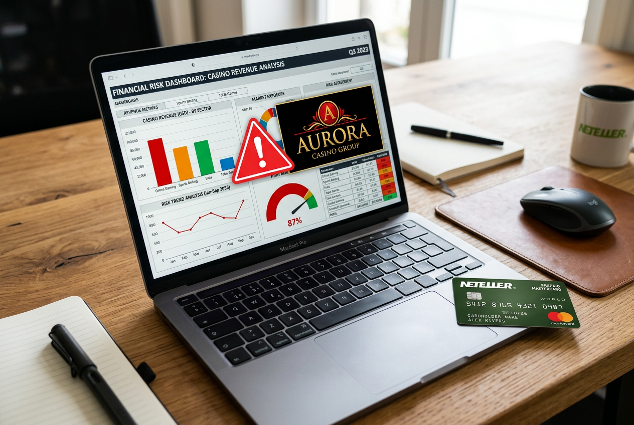 Ilustrace analýzy rizik v online kasinu se symbolem varování a hracím automatem