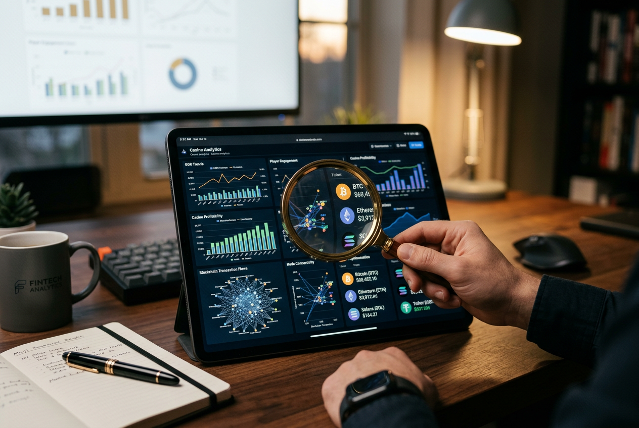 Expertní proces hodnocení krypto kasina s analytickými grafy a kryptoměnami