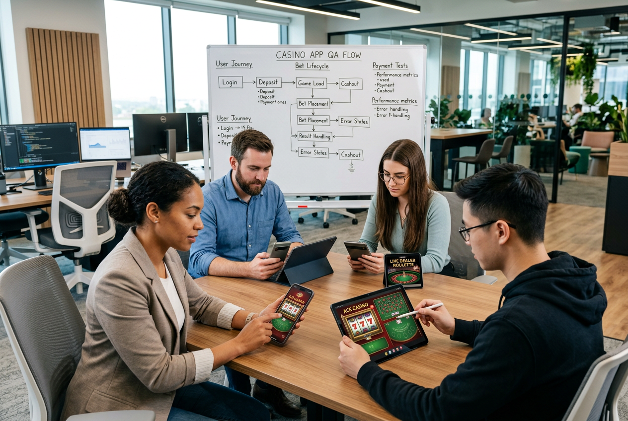 Professional expert team testing casino software on mobile devices in a modern tech office environment