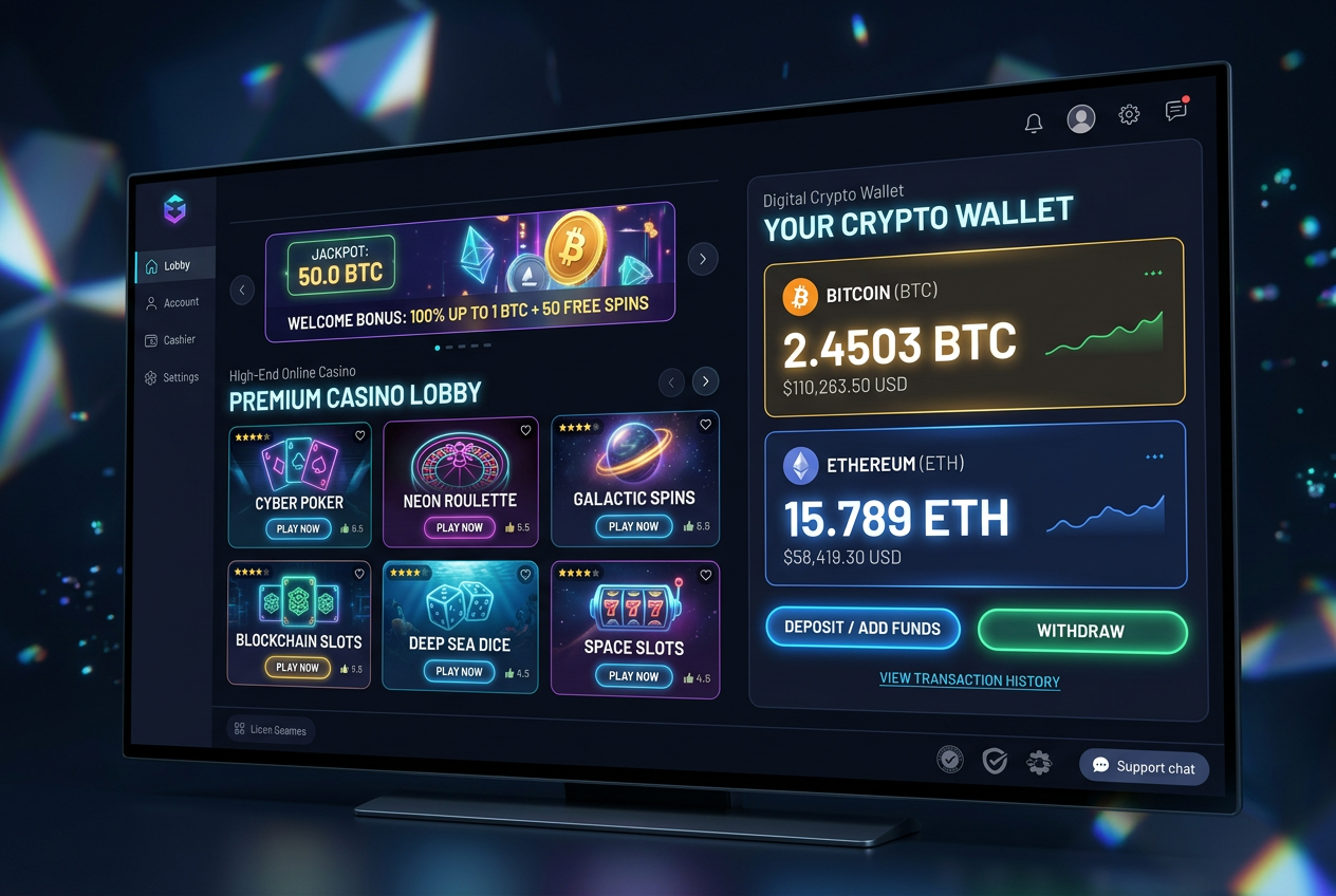 Moderní online krypto kasino s rozhraním a kryptoměnami v neonovém prostředí