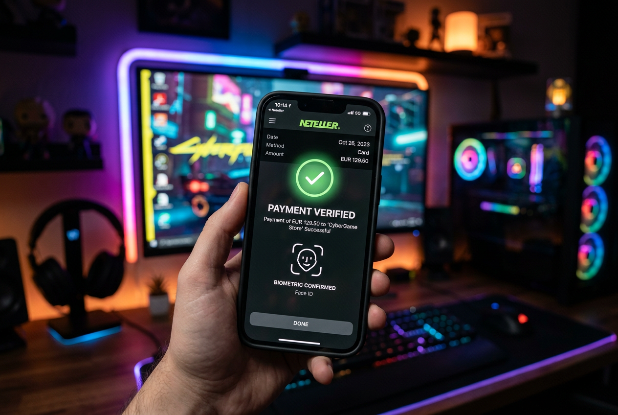 Moderní rozhraní mobilní aplikace Neteller s biometrickým ověřením platby