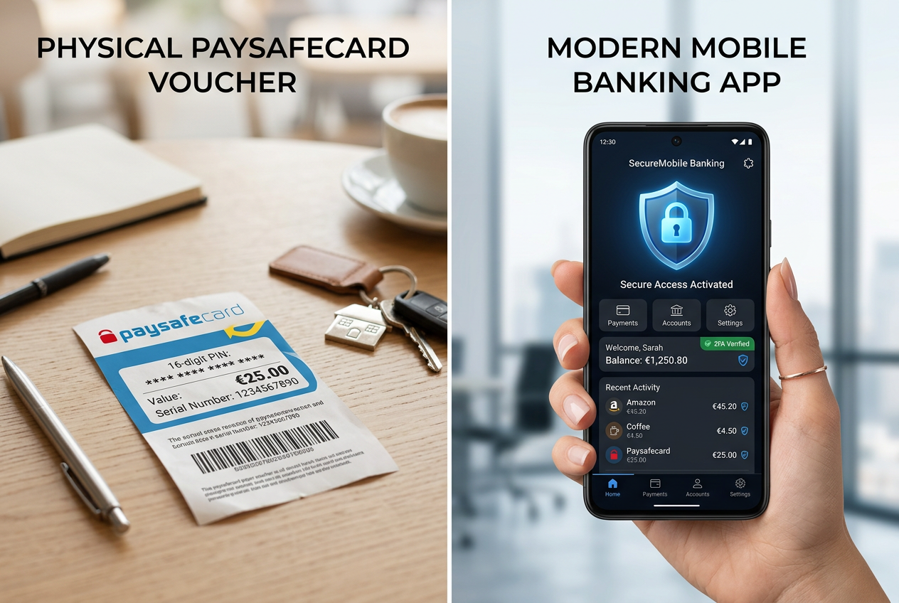 Srovnání fyzického kuponu Paysafecard a moderní mobilní aplikace se zabezpečením