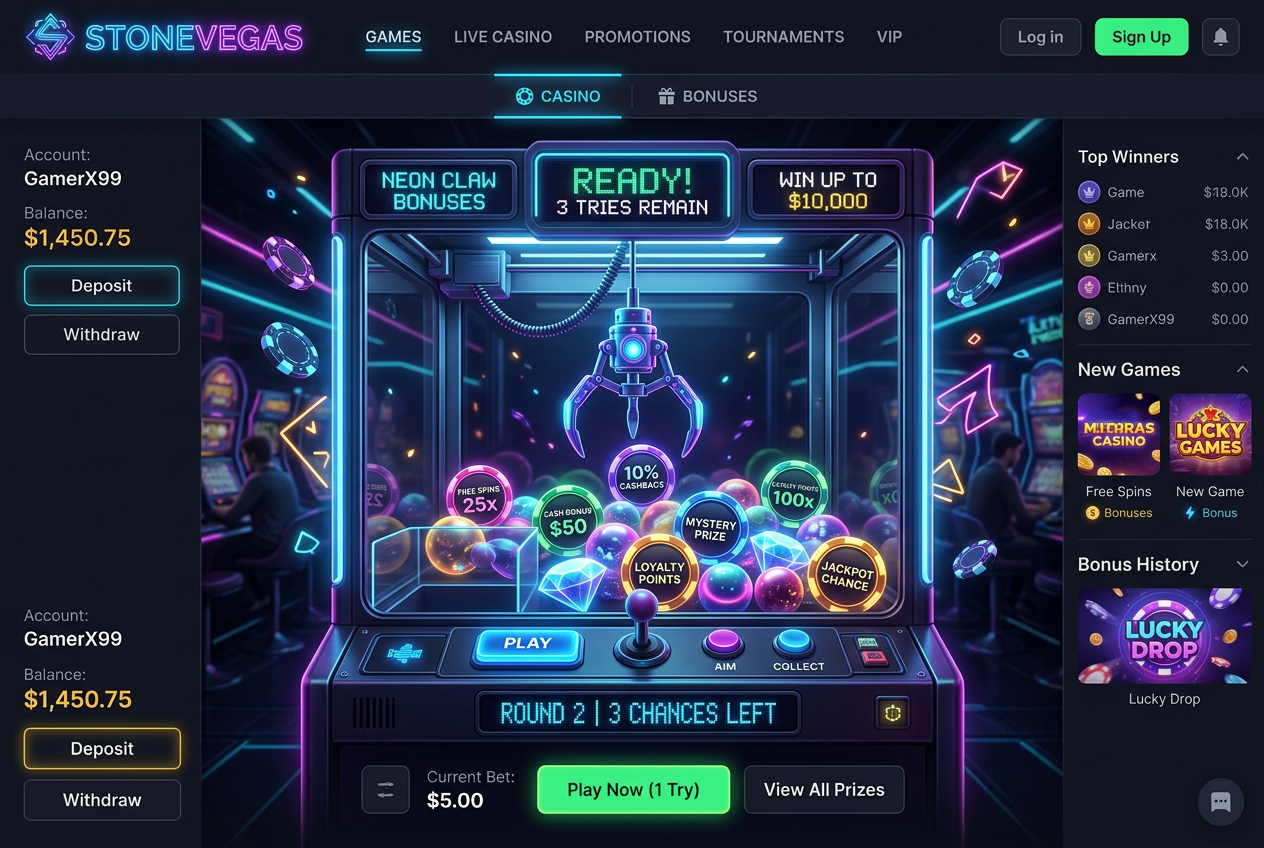 UI kasina Stonevegas s ukázkou funkce Bonus Crab v moderním neonovém rozhraní