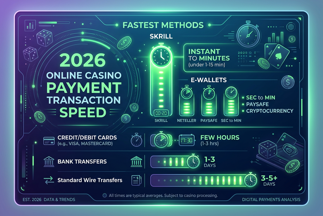 Infografika srovnávající rychlost transakcí Skrill oproti jiným metodám v roce 2026